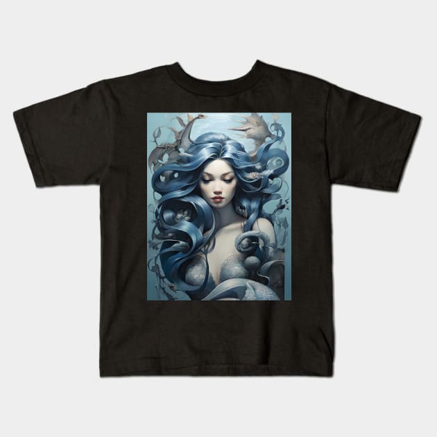 Blue Mermaid Drawing Kids T-Shirt by VivaLaRetro